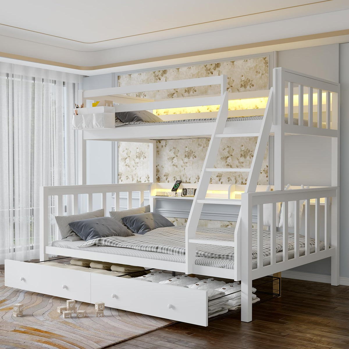 Solid Wood Bunk Bed with Charging Station and LED Lights Twin Over Full with 2 Storage Drawers E276702