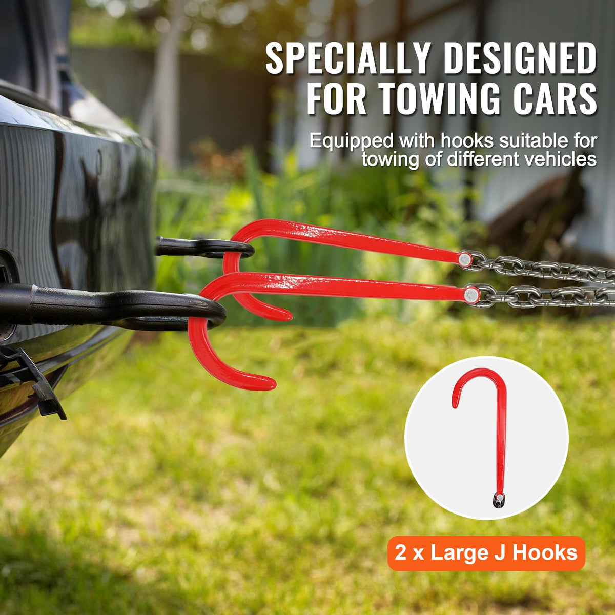3/8" x 3' G80 V Bridle Towing Chain with J Hooks and Grab Hooks O570934