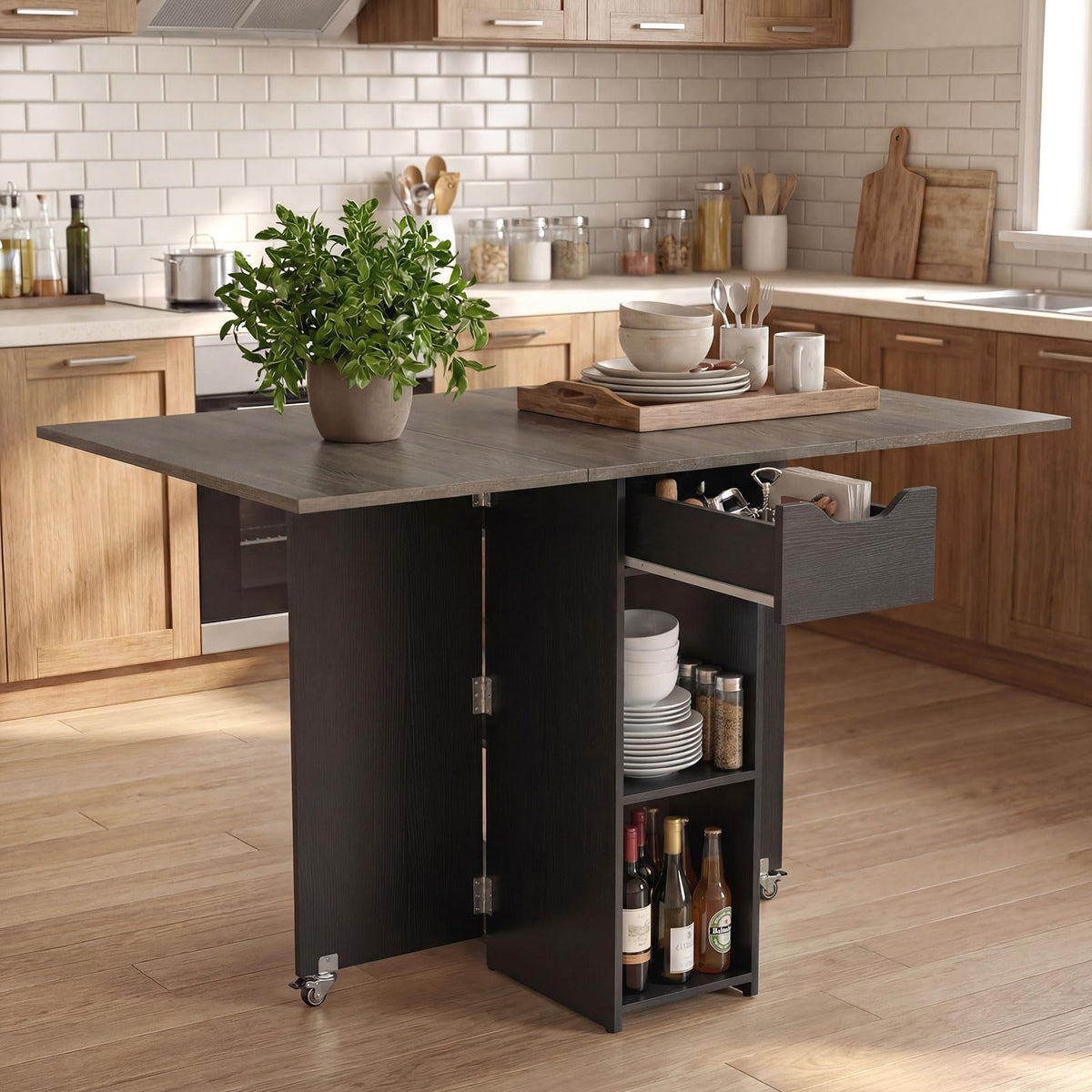 Drop Leaf Dining Table with Open Shelves & Drawer A1743