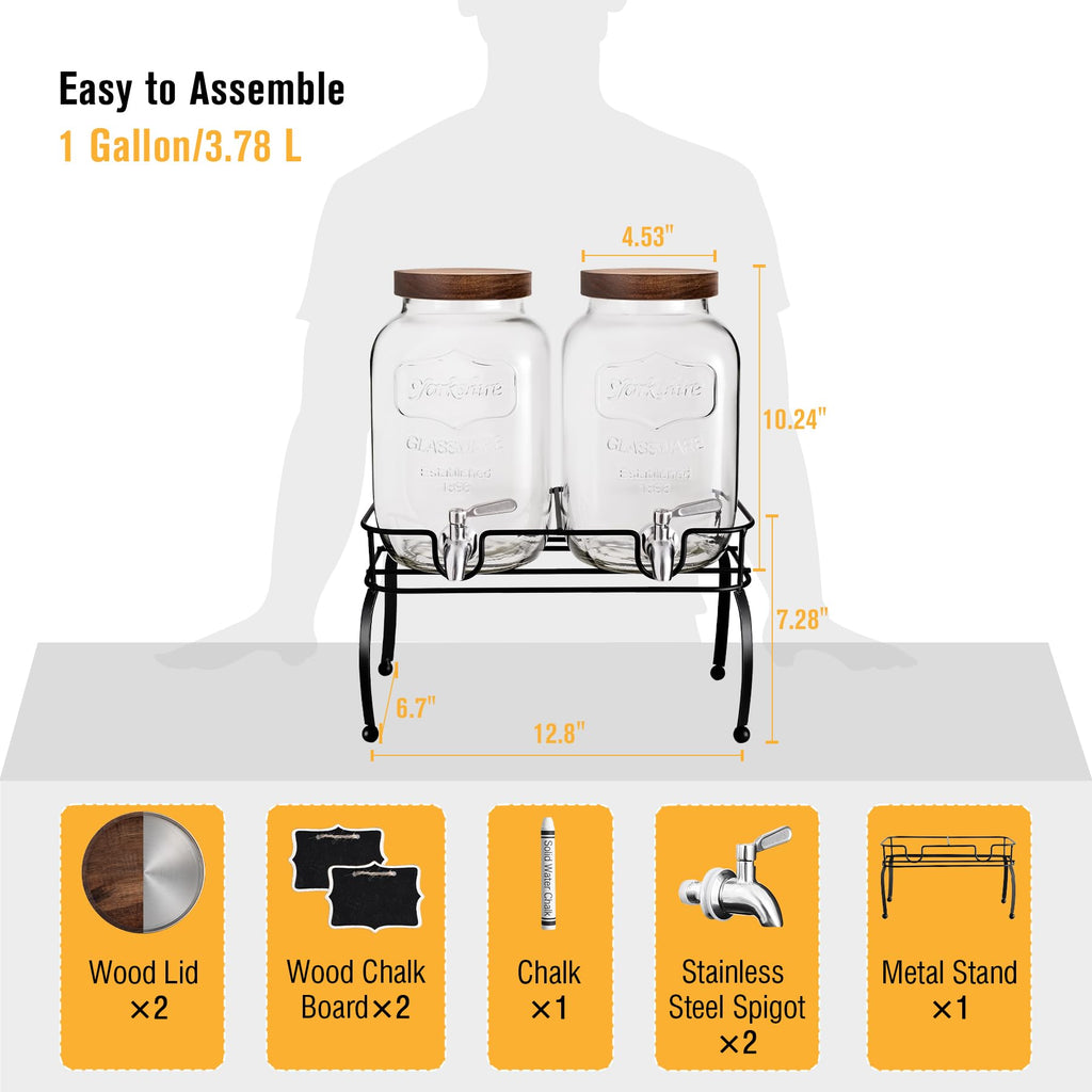 1 Gallon Glass Drink Dispenser with Stand, 2 Pcs J70650