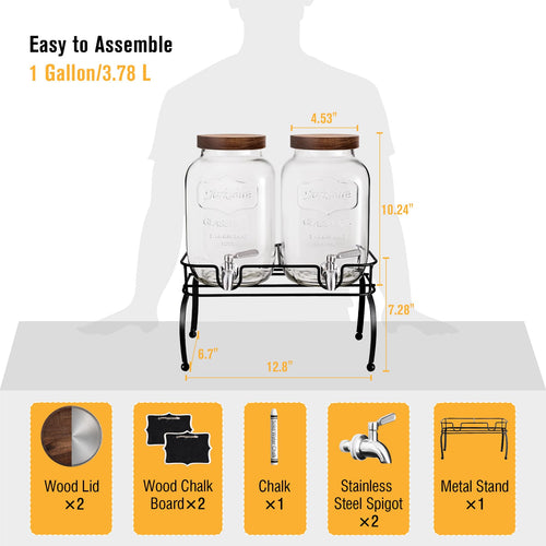 1 Gallon Glass Drink Dispenser with Stand, 2 Pcs J70650