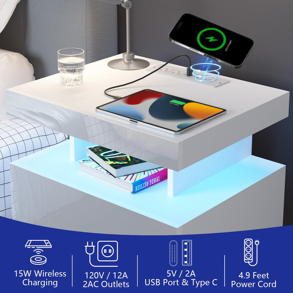 White High Gloss 2 Drawer Nightstand with LED Light H479
