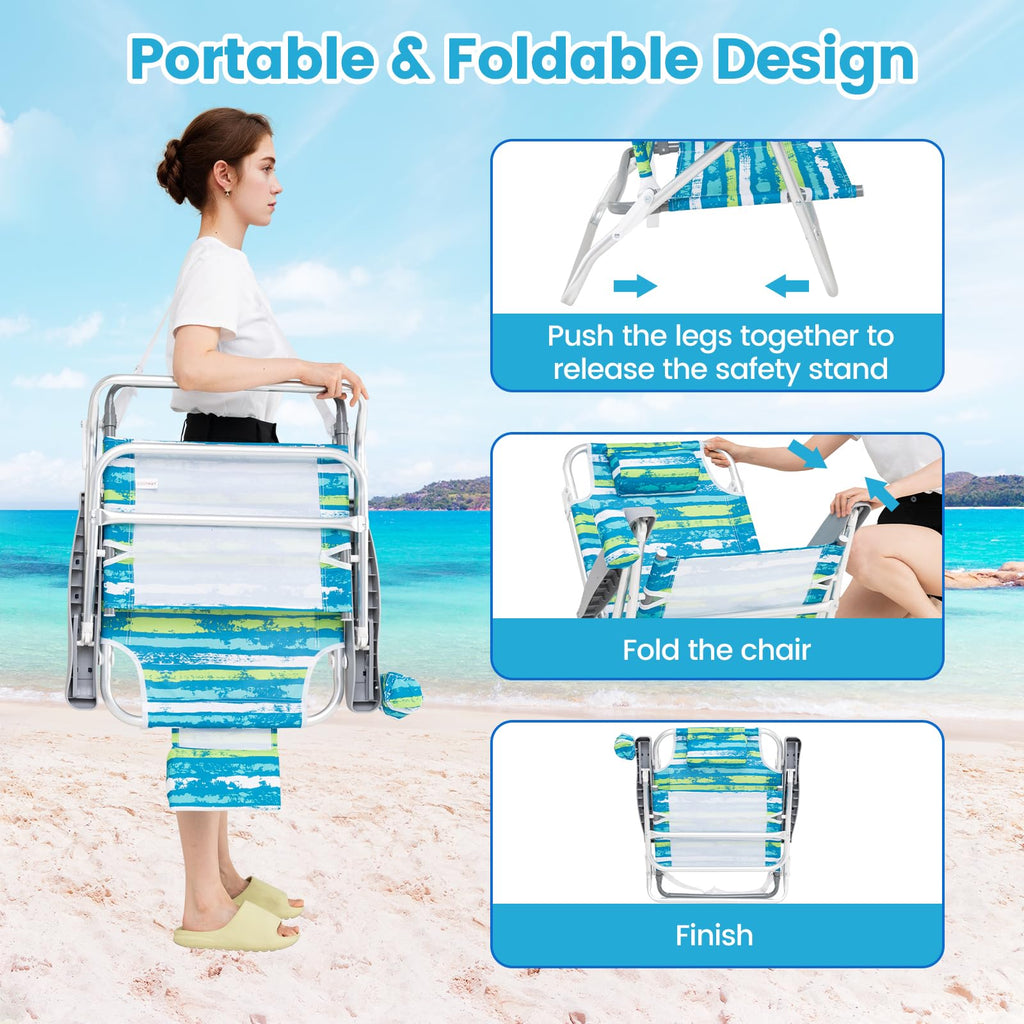 2Pcs Folding Camping Chair with Adjustable Backrest, Cup Holder & Headrest, Green P31278