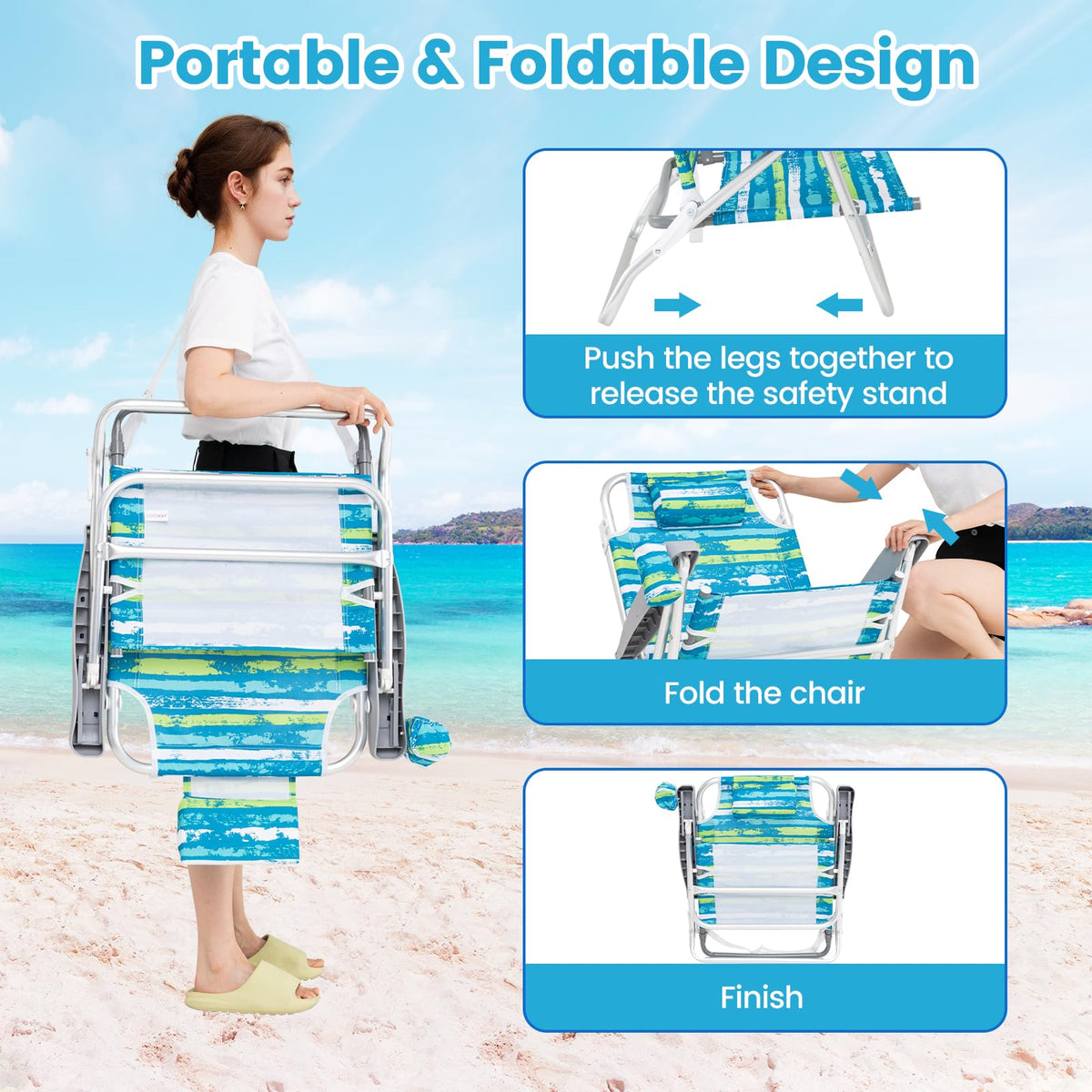 2Pcs Folding Camping Chair with Adjustable Backrest, Cup Holder & Headrest, Green P31278