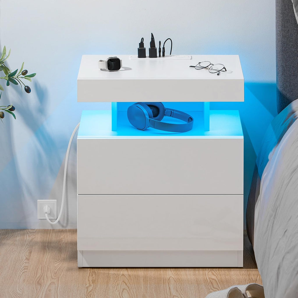 White High Gloss 2 Drawer Nightstand with LED Light H479