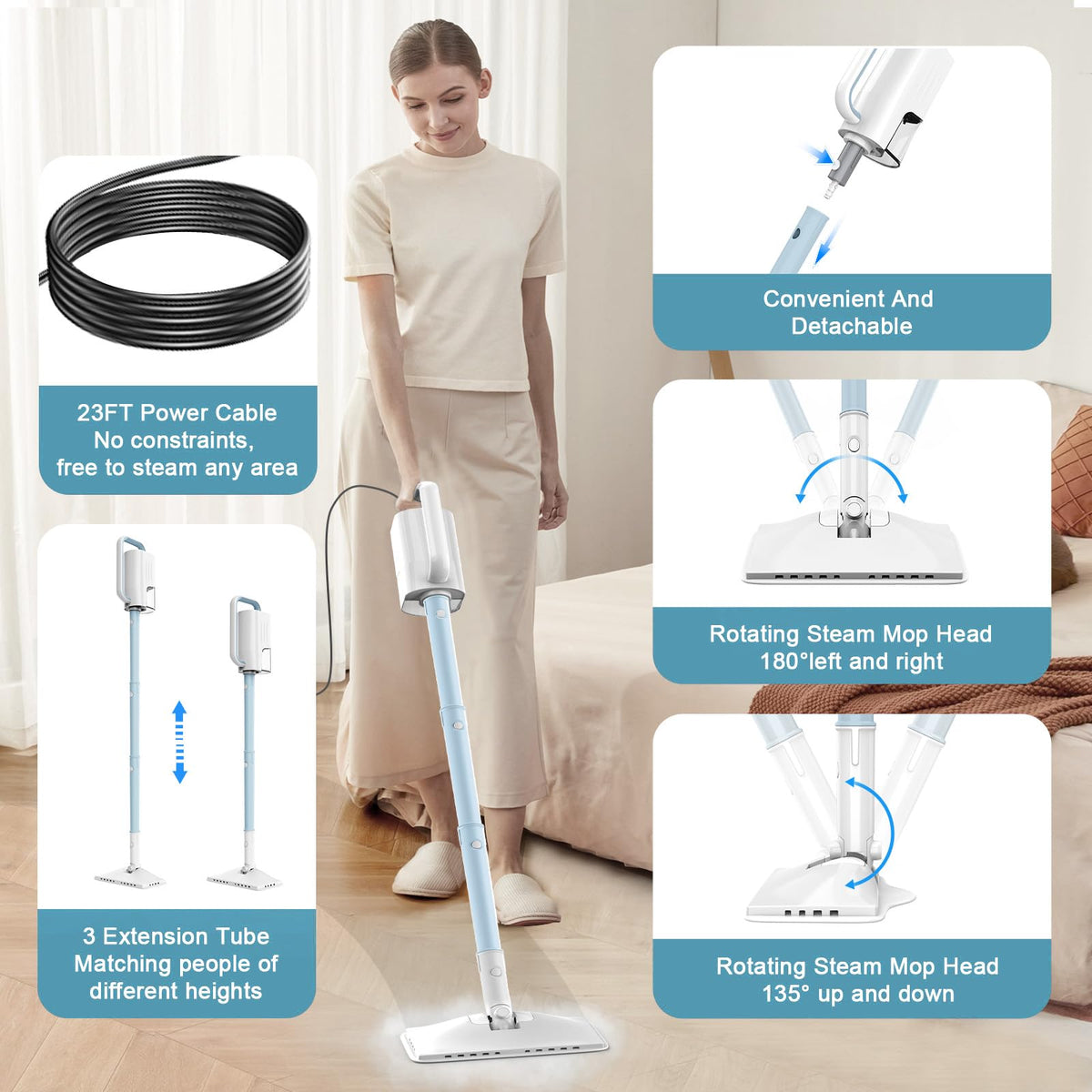 6 in1 Steam Mop Cleaner with 2 Modes, 2 Microfiber Pads, 400ML Removable Tank H87813