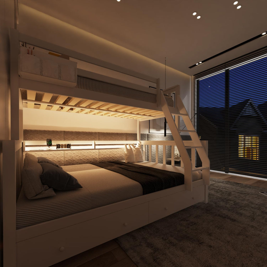 Solid Wood Bunk Bed with Charging Station and LED Lights Twin Over Full with 2 Storage Drawers E276702