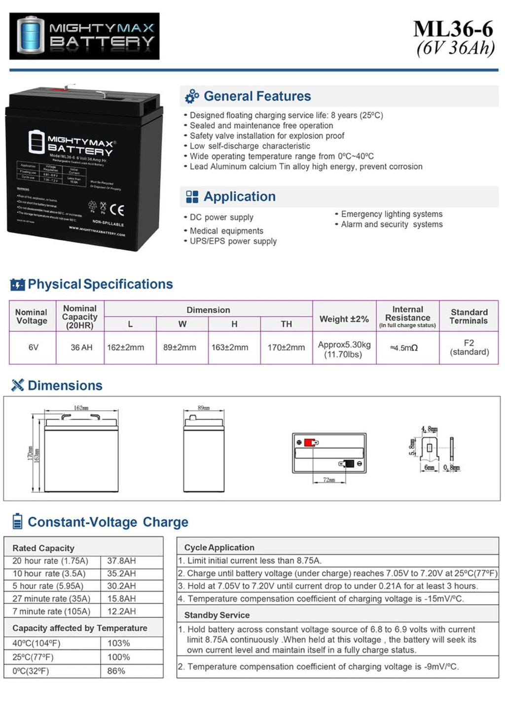 6V 36Ah AGM F2 Terminal Battery C5255