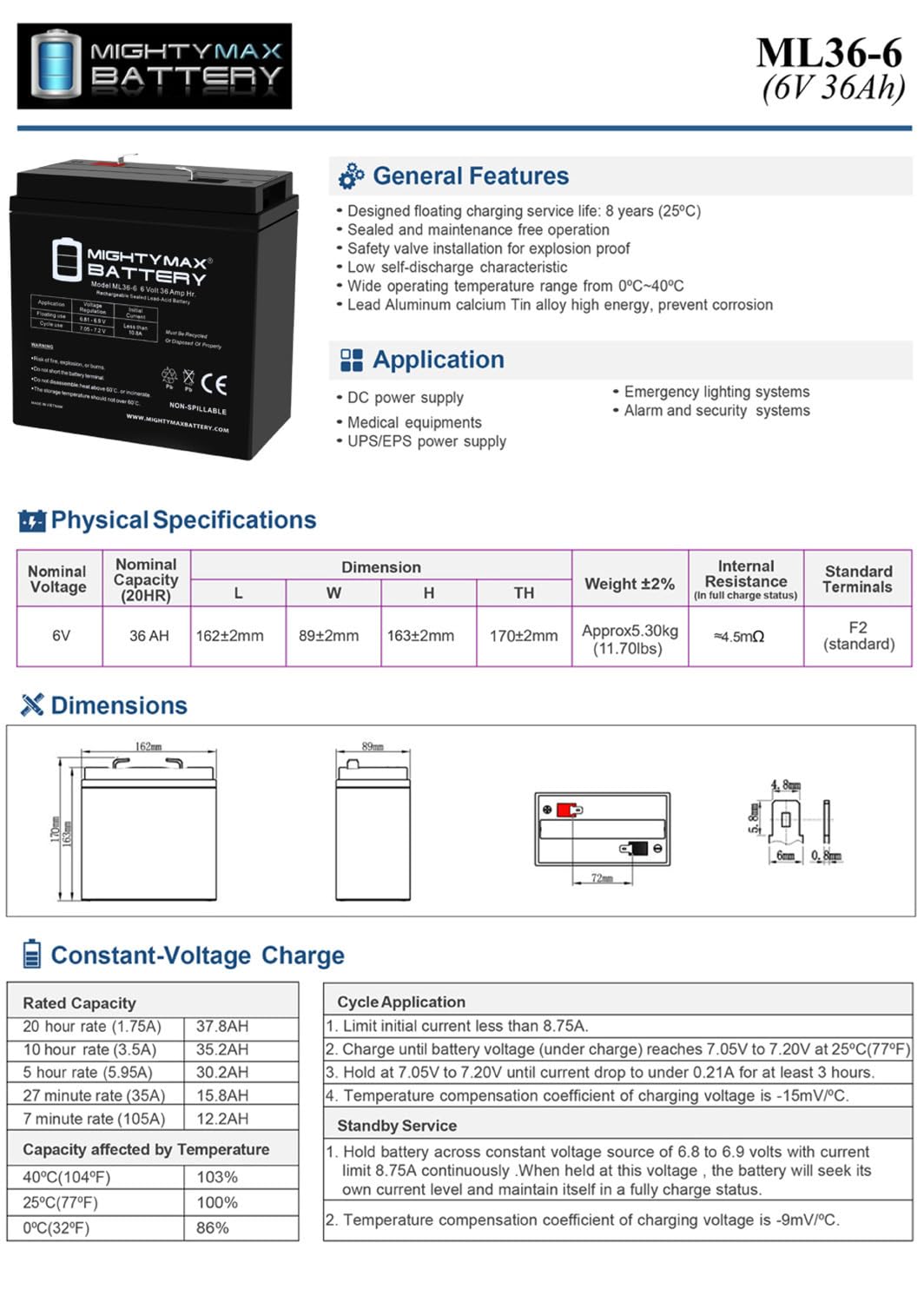 6V 36Ah AGM F2 Terminal Battery C5255