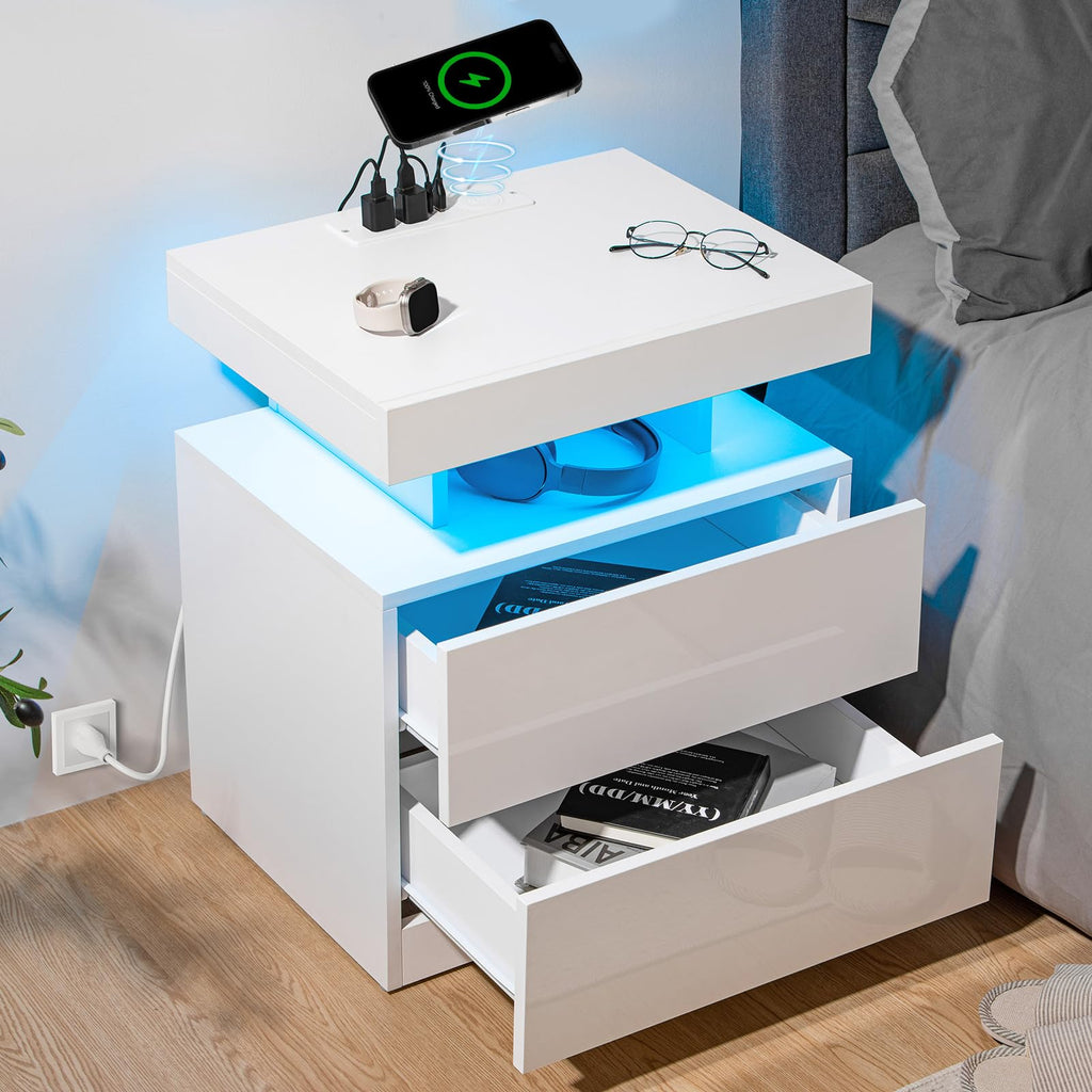 White High Gloss 2 Drawer Nightstand with LED Light H479