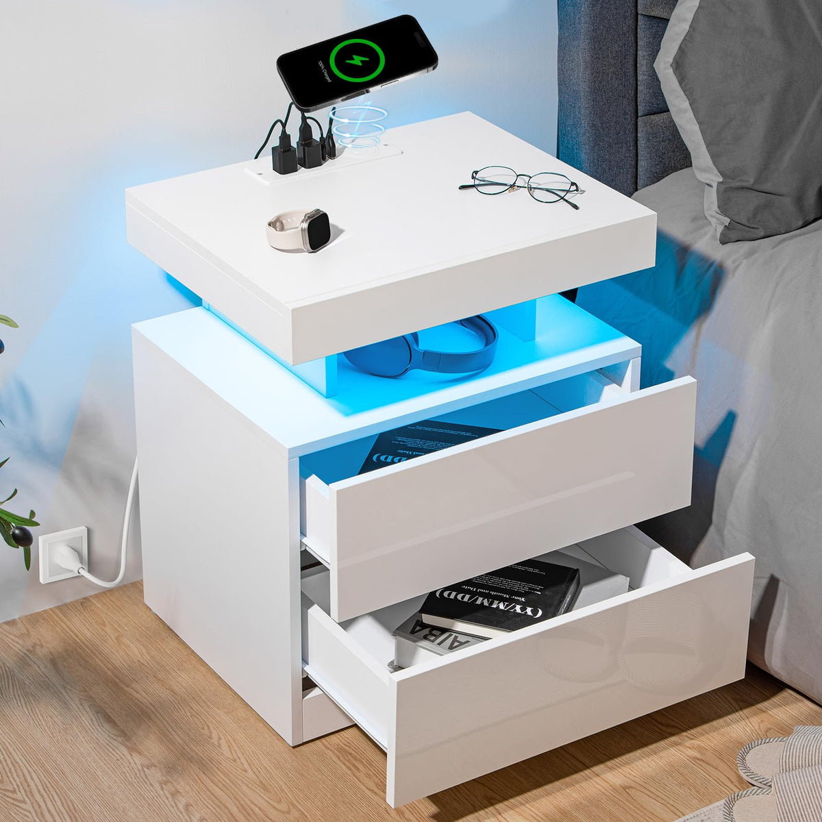 White High Gloss 2 Drawer Nightstand with LED Light H479