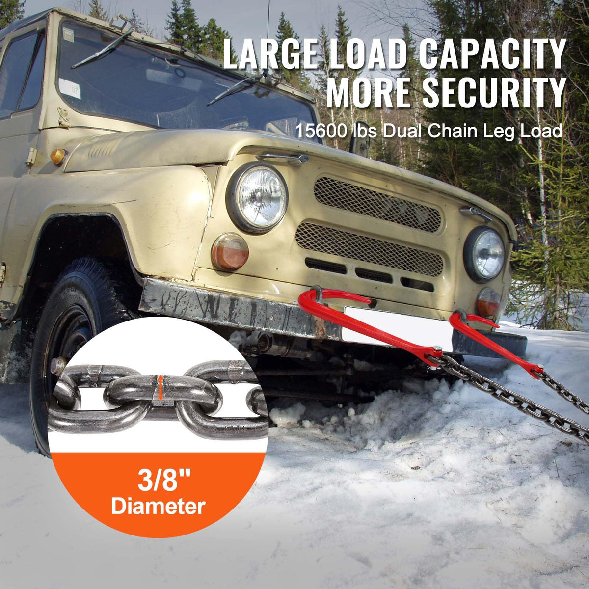 3/8" x 3' G80 V Bridle Towing Chain with J Hooks and Grab Hooks O570934