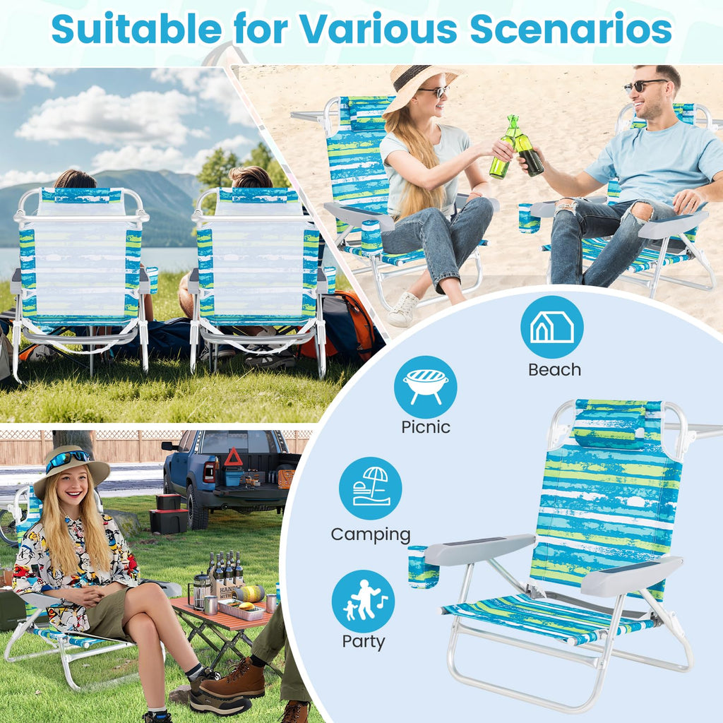 2Pcs Folding Camping Chair with Adjustable Backrest, Cup Holder & Headrest, Green P31278
