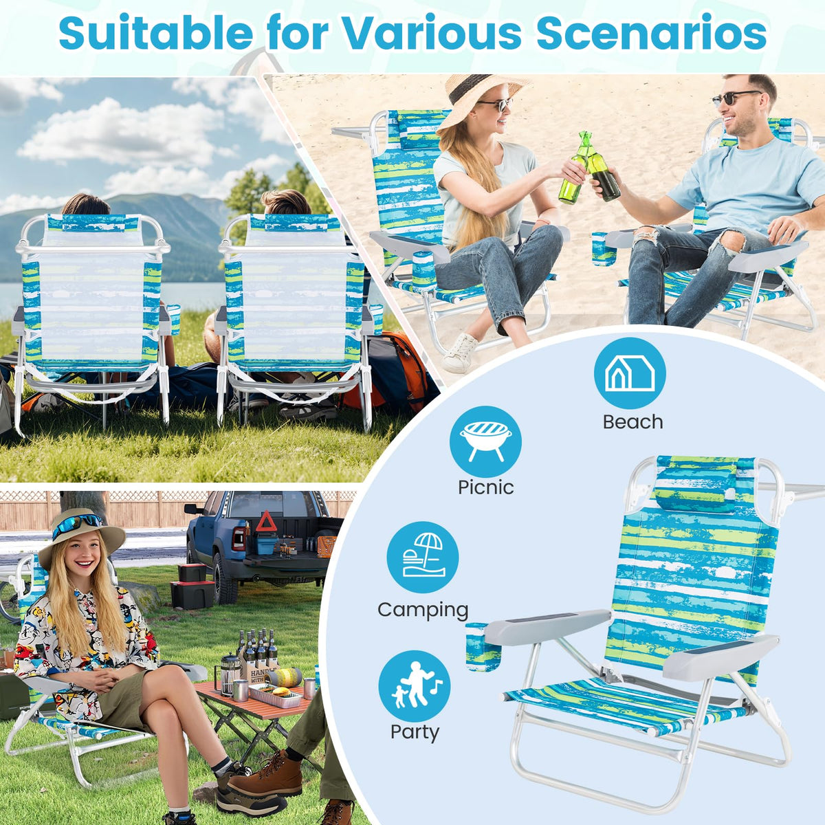 2Pcs Folding Camping Chair with Adjustable Backrest, Cup Holder & Headrest, Green P31278