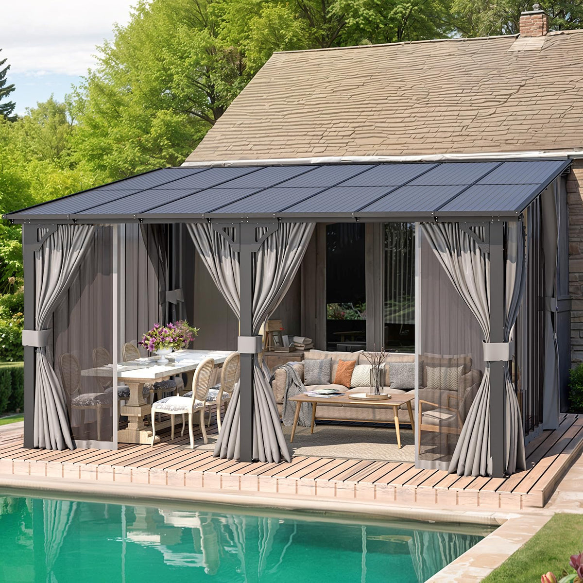 14' x 10' Hard Top Lean to Gazebo with Curtains and Mosquito Netting S1295