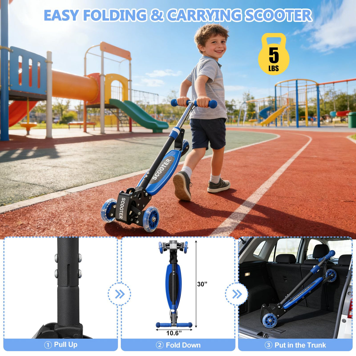 Foldable Metal 3 Wheel Scooter with Adjustable Heights Q255927