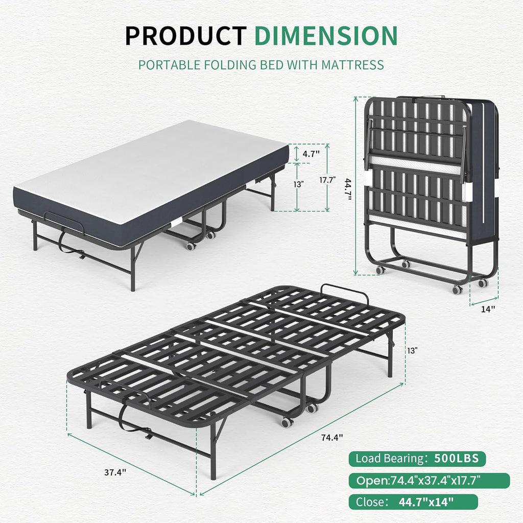 Folding Bed with Mattress, 5-Inch Memory Foam, 500lbs Capacity, Metal Frame G13973
