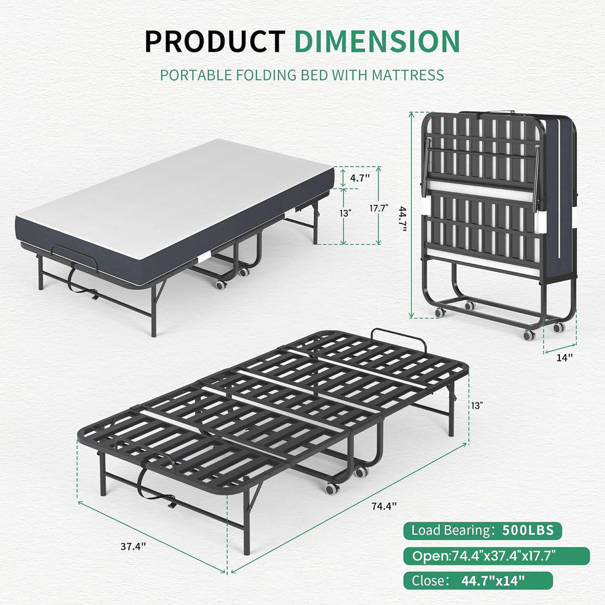 Folding Bed with Mattress, 5-Inch Memory Foam, 500lbs Capacity, Metal Frame G13973
