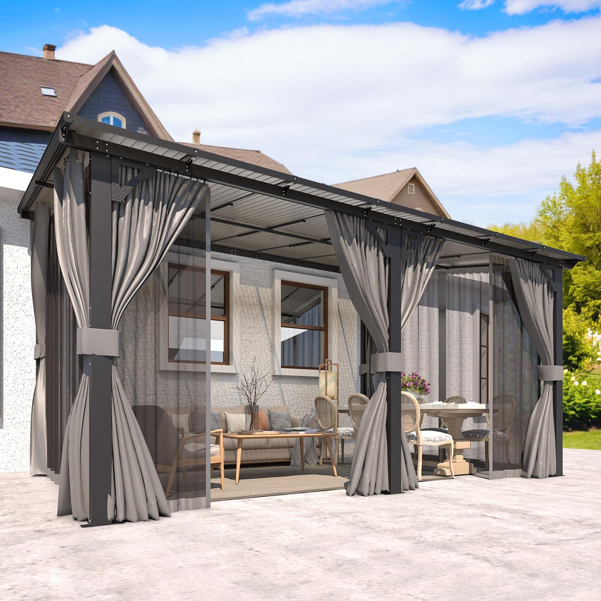 14' x 10' Hard Top Lean to Gazebo with Curtains and Mosquito Netting S1295