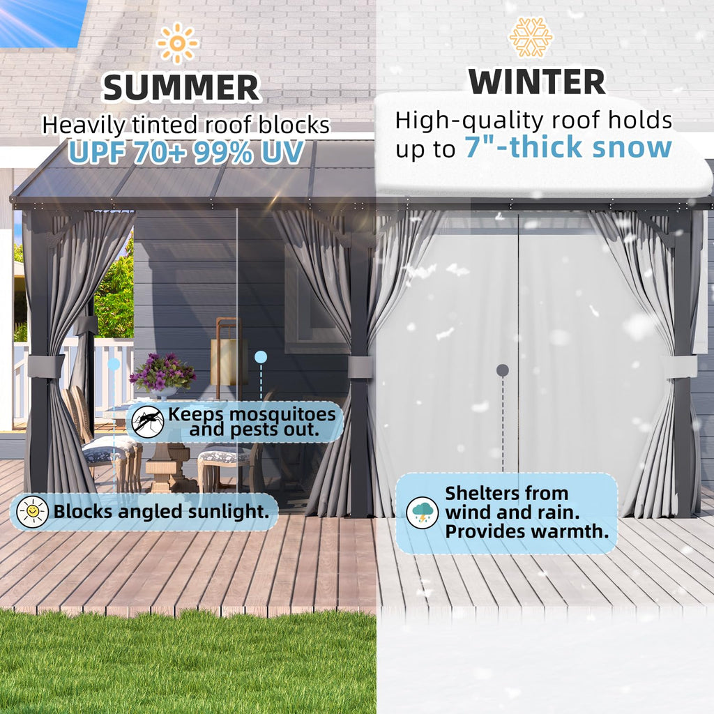 14' x 10' Hard Top Lean to Gazebo with Curtains and Mosquito Netting S1295