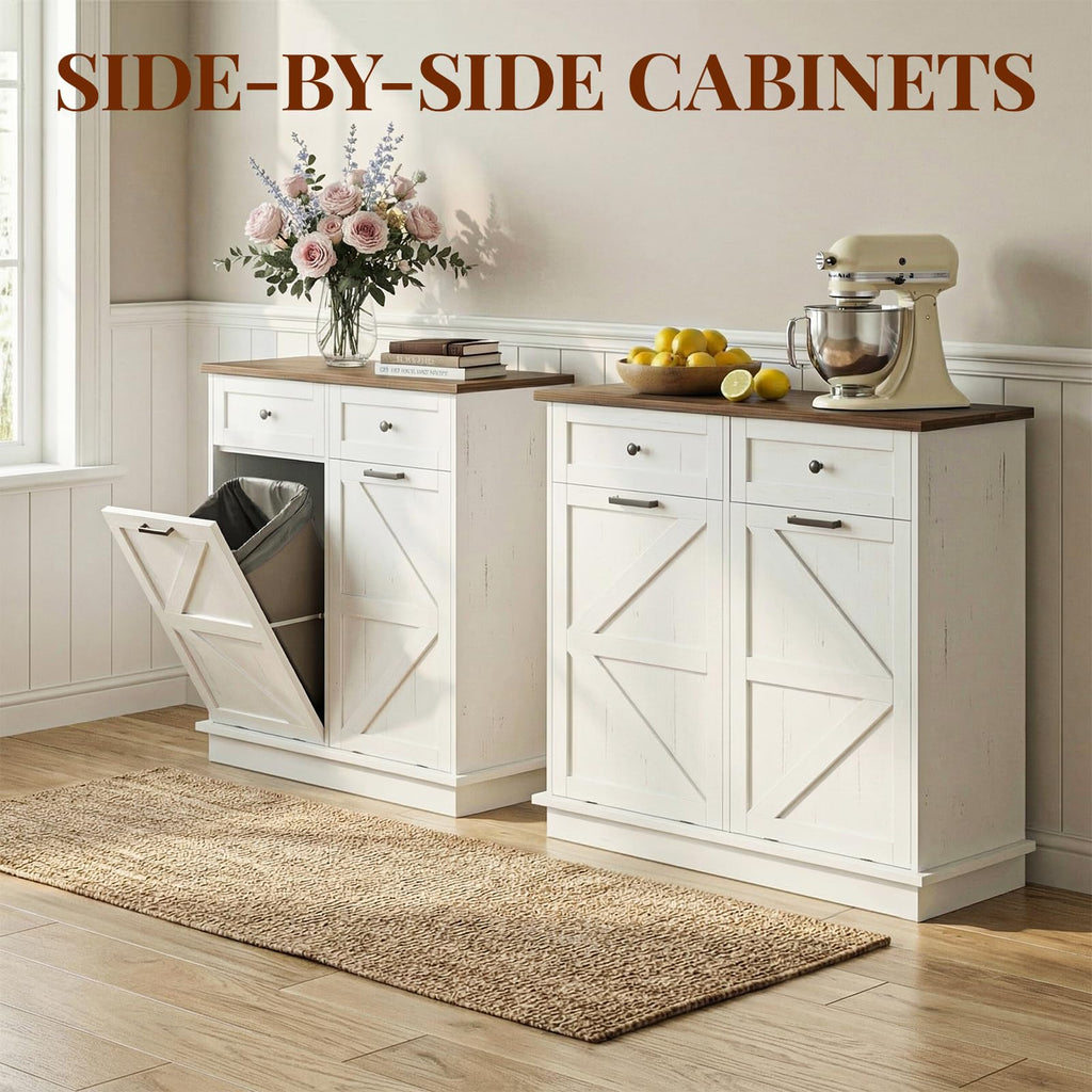 Brown White Double Tilt Out Trash Cabinet with Drawers L4795