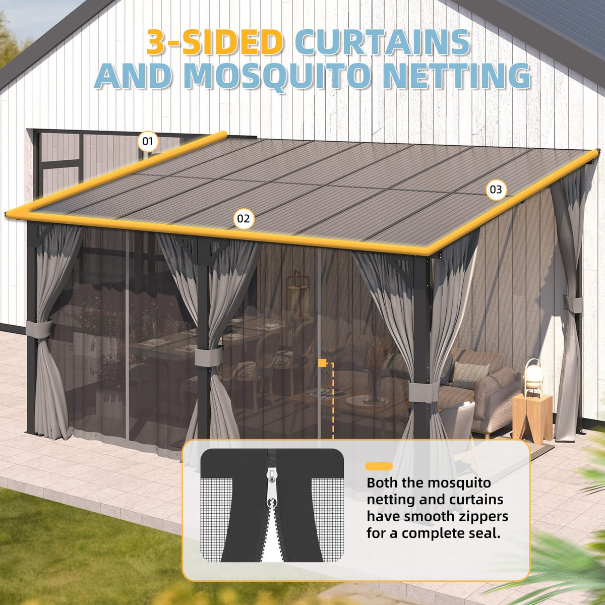 14' x 10' Hard Top Lean to Gazebo with Curtains and Mosquito Netting S1295