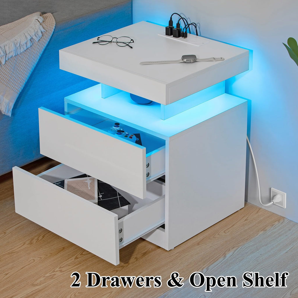 White High Gloss 2 Drawer Nightstand with LED Light H479