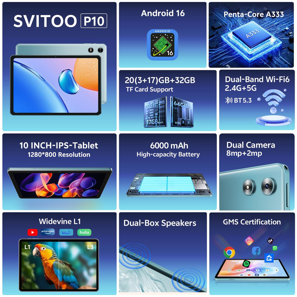 Android Tablet 10 Inch 20GB RAM 32GB Storage Blue X353