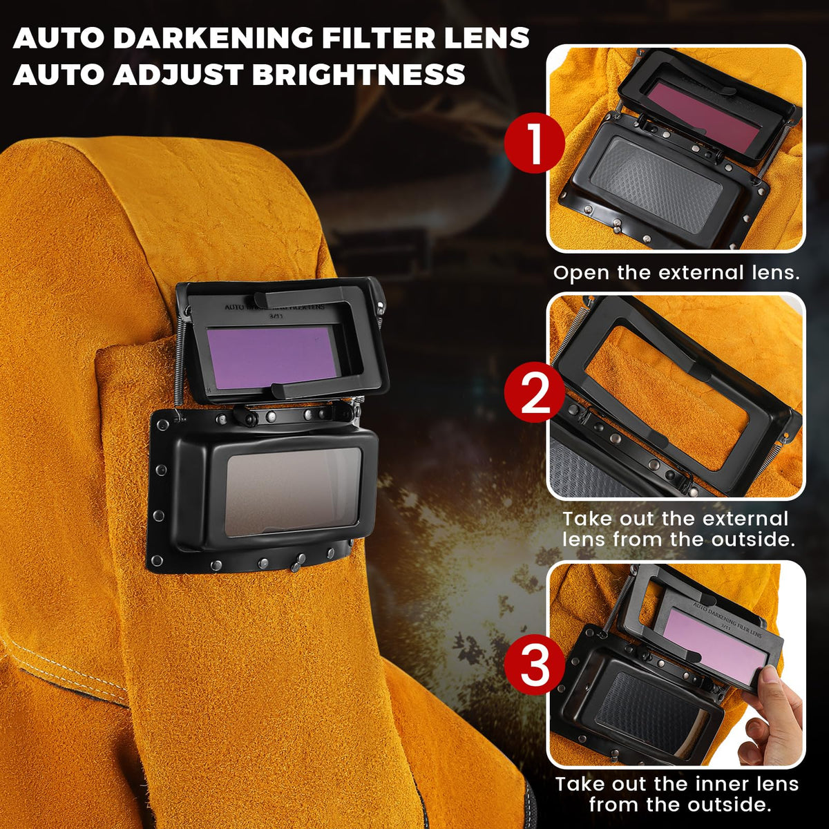 Leather Welding Hood with Auto Darkening Filter Lens A93922