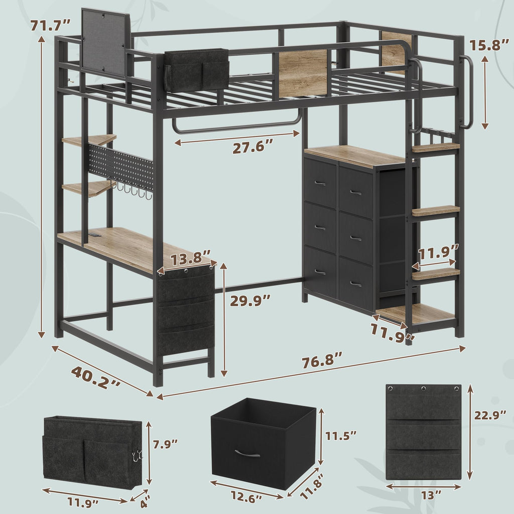 Twin Loft Bed with Storage and 6 Drawers D180