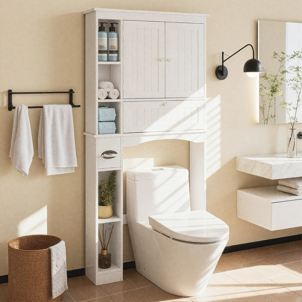 Over The Toilet Storage Cabinet with Doors and Adjustable Shelf, White V859