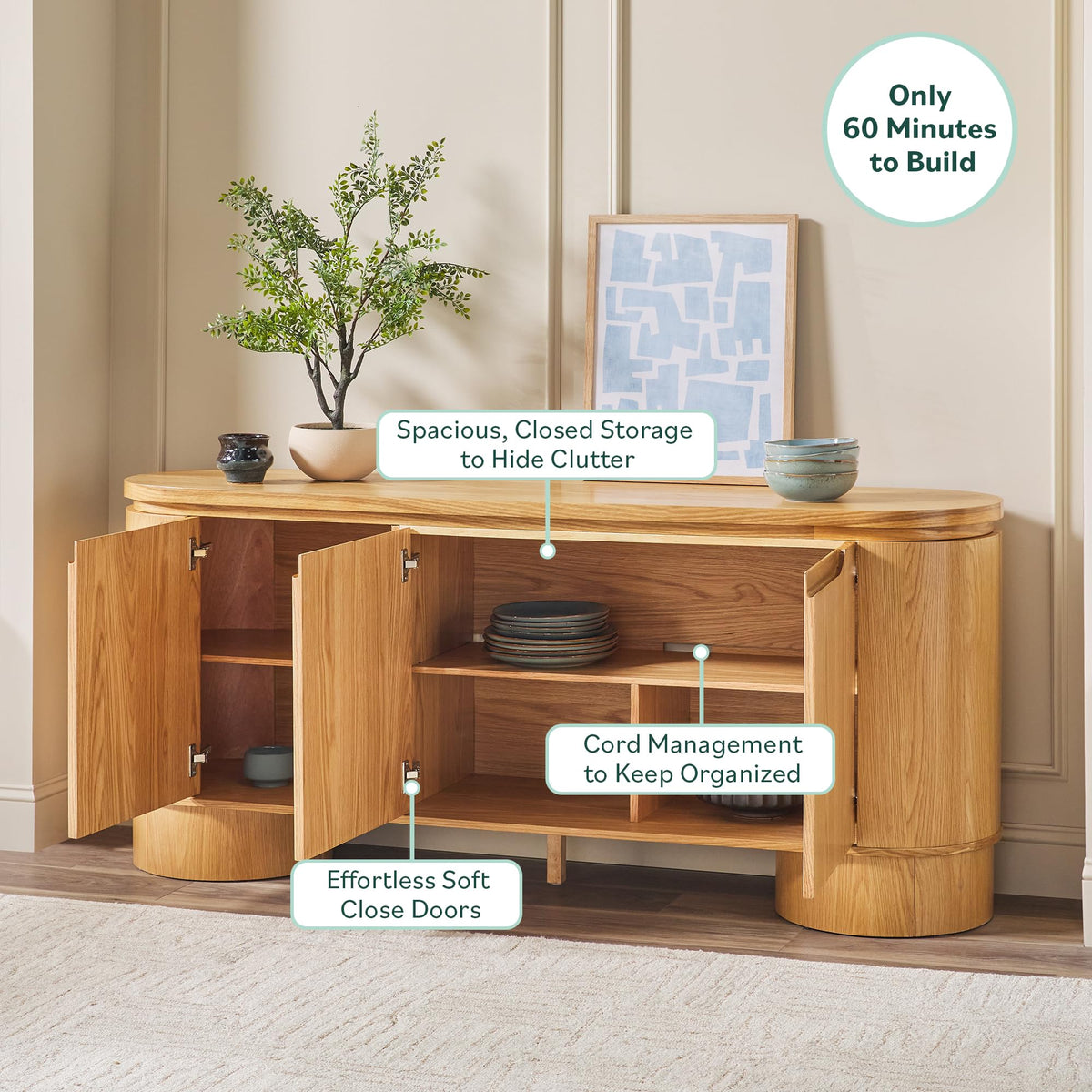 70 Inch White Oak Wood Sideboard TV Stand with Storage Q407172