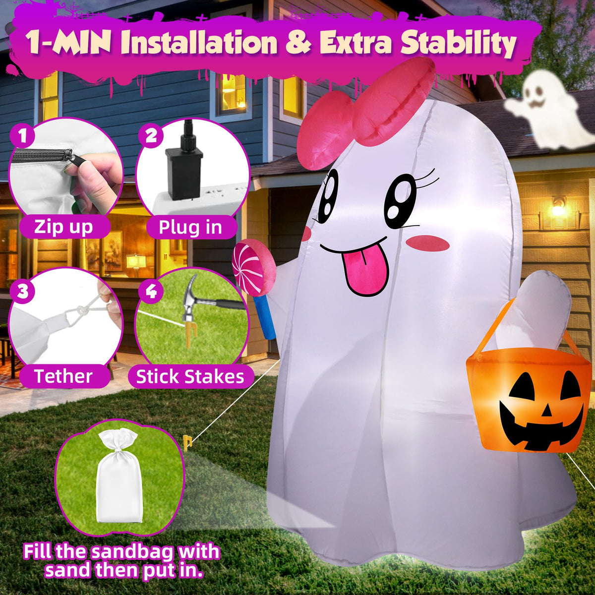 5FT Halloween Inflatables Ghost with Built-in LED Lights Z8790
