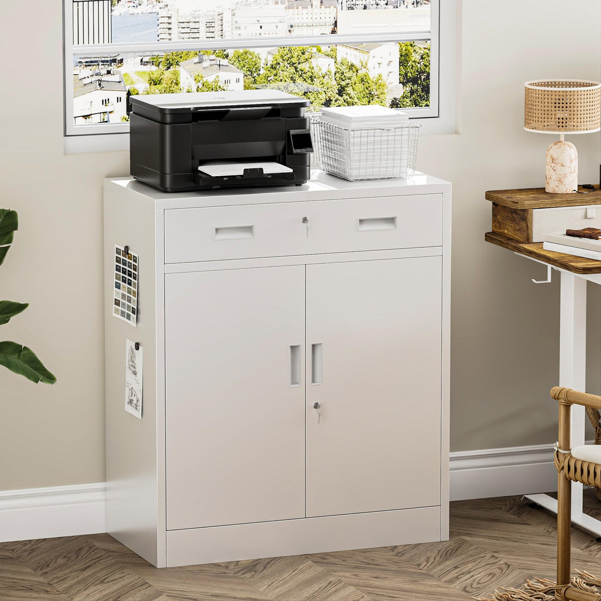 White Steel Lockable Storage Cabinet with Drawer and Adjustable Shelves A59060