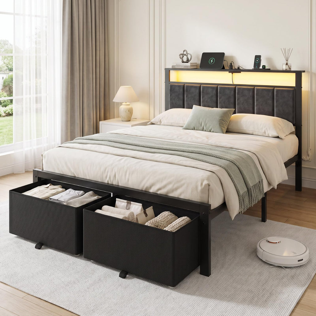 Full Size Bed Frame with Upholstered Headboard and 2 Storage Drawers M4242