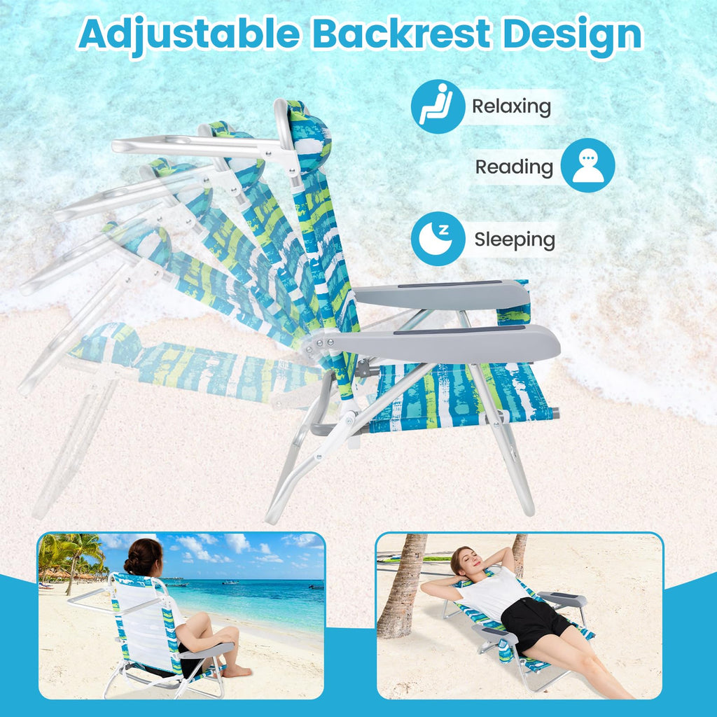 2Pcs Folding Camping Chair with Adjustable Backrest, Cup Holder & Headrest, Green P31278