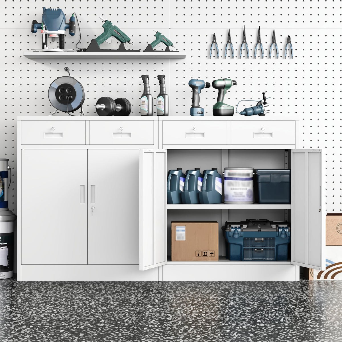 White Steel Lockable Storage Cabinet with Drawer and Adjustable Shelves A59060
