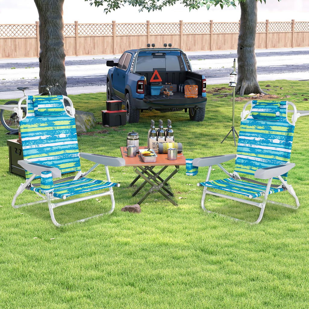 2Pcs Folding Camping Chair with Adjustable Backrest, Cup Holder & Headrest, Green P31278