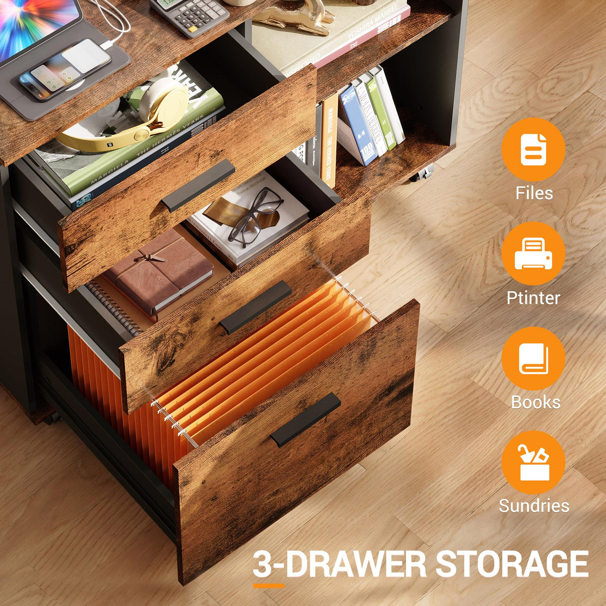 3 Drawer Wood File Cabinet with Storage Shelf K291